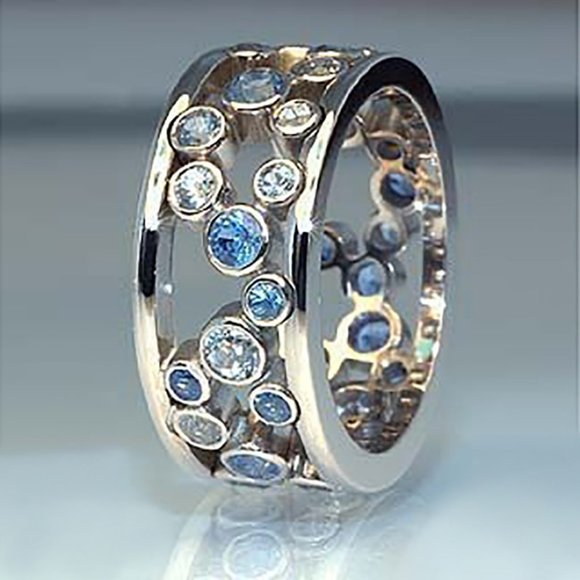 NEW Blue White Round Diamond Hollow Wide Band Ring - Picture 2 of 3